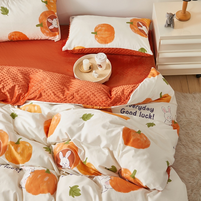 91家纺网 家纺一手货源 找家纺 怡家居 2023新款秋冬棉加豆豆绒印花四件套 南瓜兔