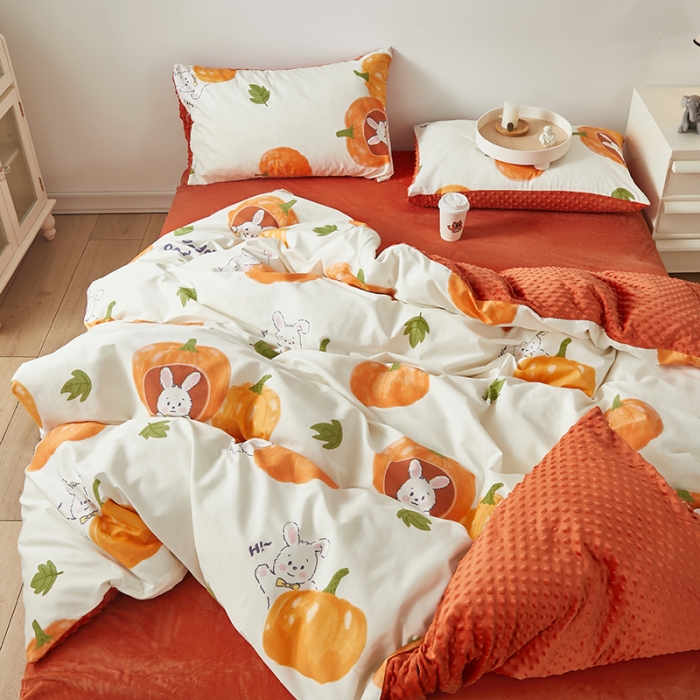 91家纺网 家纺一手货源 找家纺 怡家居 2023新款秋冬棉加豆豆绒印花四件套 南瓜兔