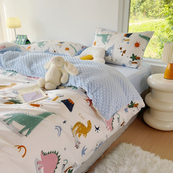 91家纺网 家纺一手货源 找家纺 怡家居 2023新款秋冬棉加豆豆绒印花四件套 小恐龙