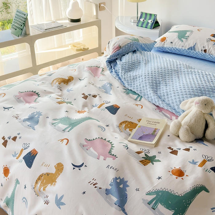 91家纺网 家纺一手货源 找家纺 怡家居 2023新款秋冬棉加豆豆绒印花四件套 小恐龙