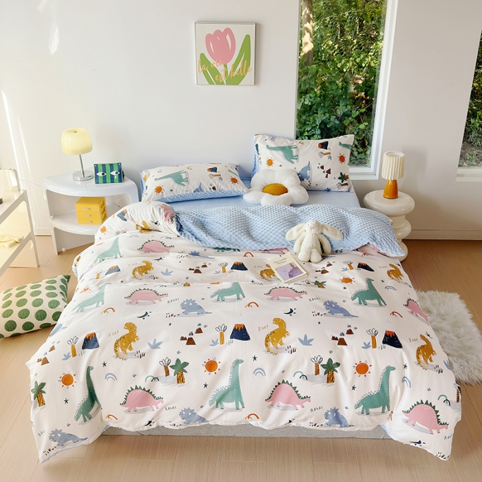 91家纺网 家纺一手货源 找家纺 怡家居 2023新款秋冬棉加豆豆绒印花四件套 小恐龙