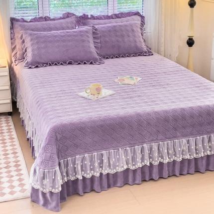 佰诗特 牛奶绒纯色床盖夹棉三件套立体烂花雕花绒被套蕾丝单床盖加棉四件套 流星花园-紫