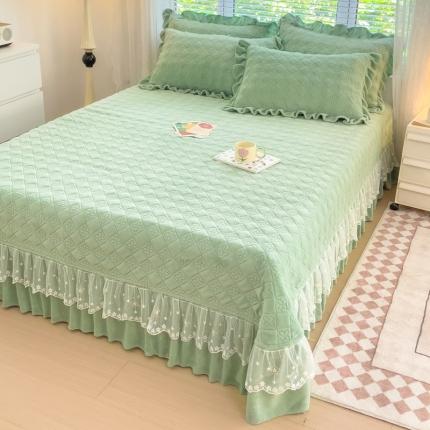佰诗特 牛奶绒纯色床盖夹棉三件套立体烂花雕花绒被套蕾丝单床盖加棉四件套 流星花园-绿