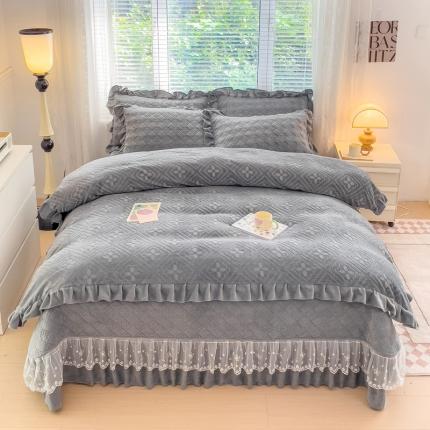 佰诗特 牛奶绒纯色床盖夹棉三件套立体烂花雕花绒被套蕾丝单床盖加棉四件套 流星花园-灰