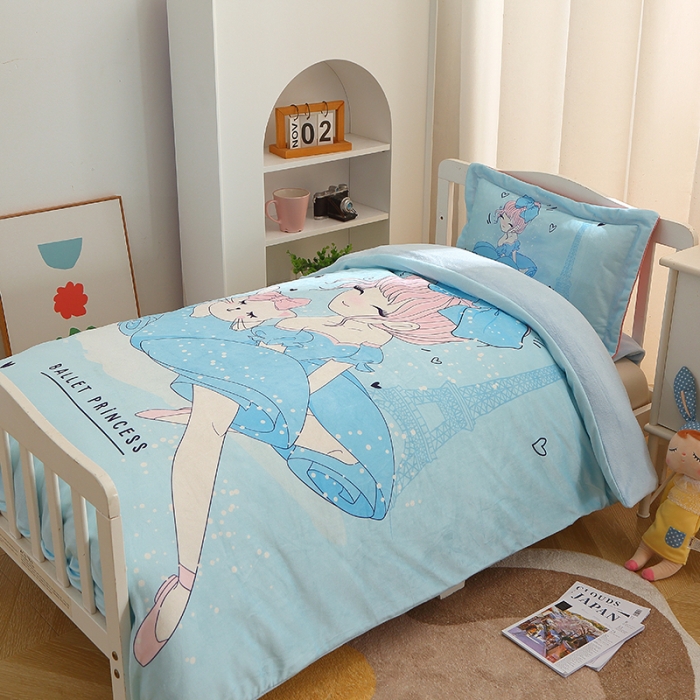 91家纺网 家纺一手货源 找家纺 八零年代 2023新款大版卡通牛奶绒幼儿园三件套宝宝绒保暖套件 宝宝绒-芭蕾公主
