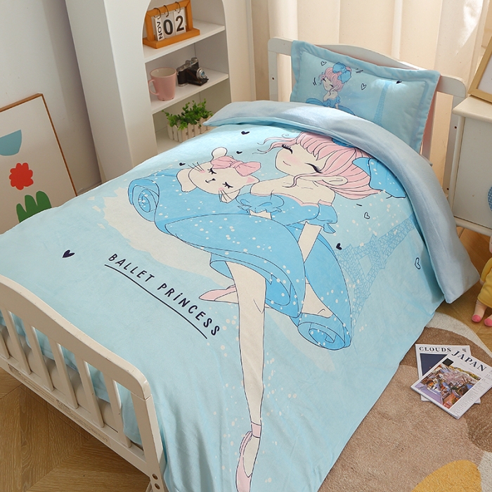 91家纺网 家纺一手货源 找家纺 八零年代 2023新款大版卡通牛奶绒幼儿园三件套宝宝绒保暖套件 宝宝绒-芭蕾公主