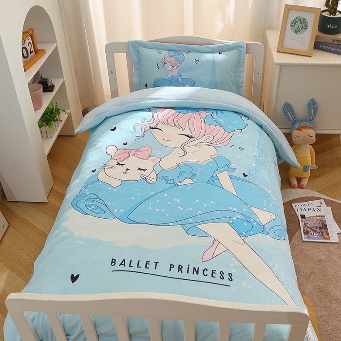 91家纺网 家纺一手货源 找家纺 八零年代 2023新款大版卡通牛奶绒幼儿园三件套宝宝绒保暖套件 宝宝绒-芭蕾公主