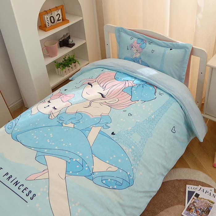 91家纺网 家纺一手货源 找家纺 八零年代 2023新款大版卡通牛奶绒幼儿园三件套宝宝绒保暖套件 宝宝绒-芭蕾公主