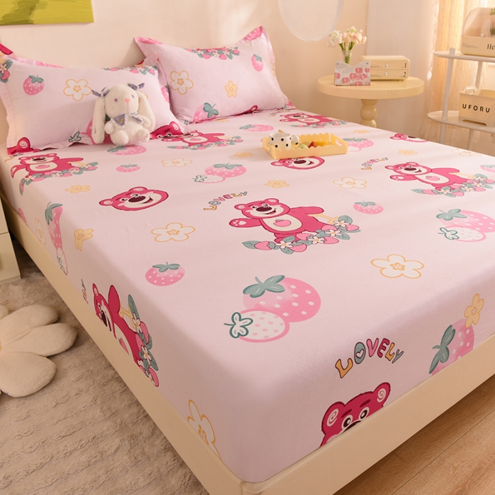 91家纺网 家纺一手货源 找家纺 甜之梦 新款12868全棉印花系列单床笠（可接缺角异型）草莓熊