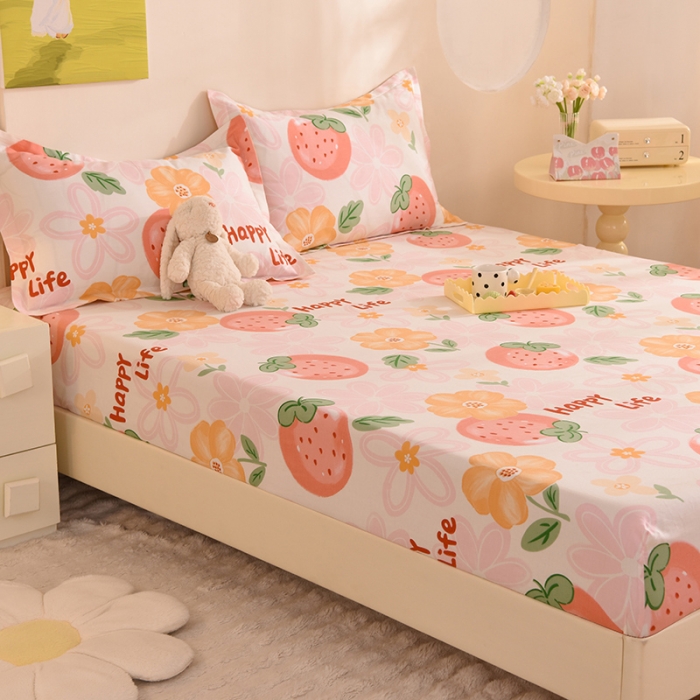 91家纺网 家纺一手货源 找家纺 甜之梦 新款12868全棉印花系列单床笠（可接缺角异型）快乐草莓