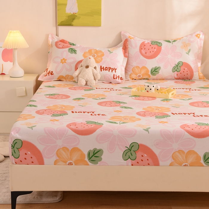 91家纺网 家纺一手货源 找家纺 甜之梦 新款12868全棉印花系列单床笠（可接缺角异型）快乐草莓