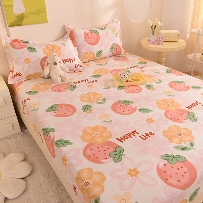 91家纺网 家纺一手货源 找家纺 甜之梦 新款12868全棉印花系列单床笠（可接缺角异型）快乐草莓