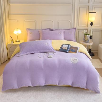 91家纺网 家纺一手货源 找家纺 牛奶绒双拼小香风刺绣贴布绣四件套-戴安娜（含买家秀） 戴安娜-风信紫