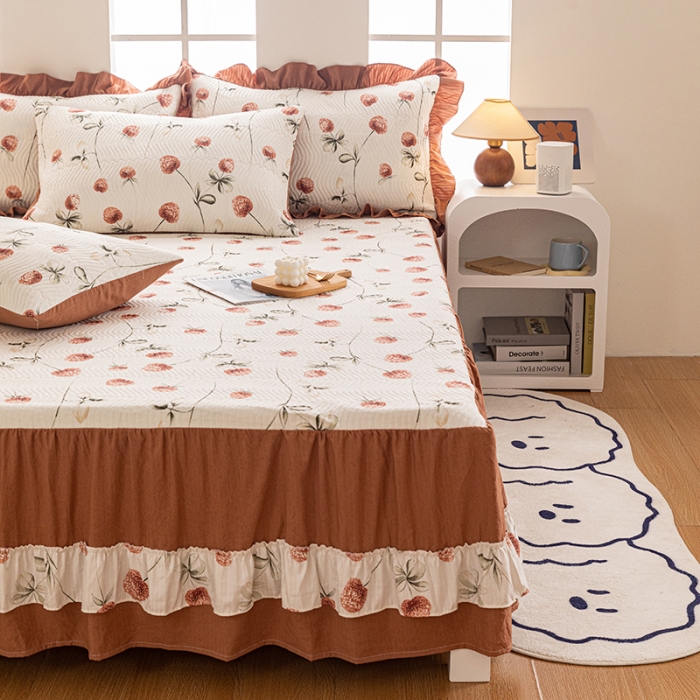 91家纺网 家纺一手货源 找家纺 （总）紫碧螺 2023新款水洗棉麻韩版印花绗缝双面床裙