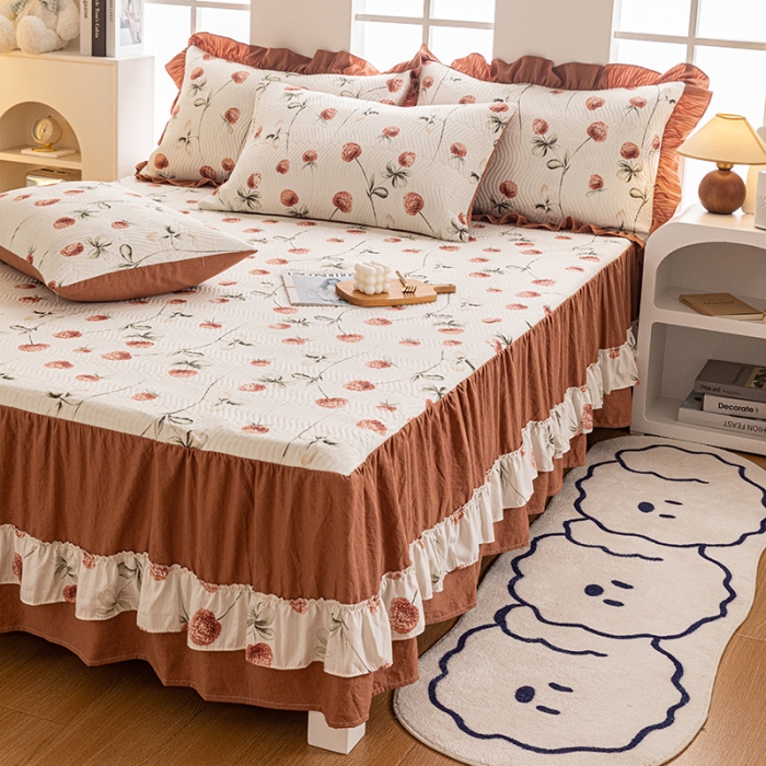 91家纺网 家纺一手货源 找家纺 （总）紫碧螺 2023新款水洗棉麻韩版印花绗缝双面床裙