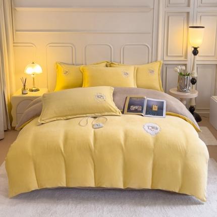 91家纺网 家纺一手货源 找家纺 牛奶绒双拼小香风刺绣贴布绣四件套-戴安娜（含买家秀）戴安娜-柠檬黄