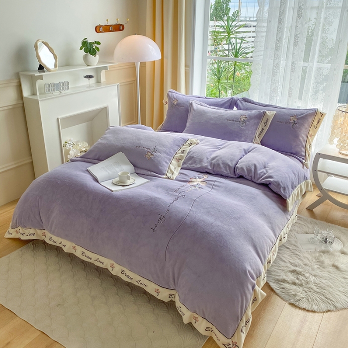 91家纺网 家纺一手货源 找家纺 可以家居 2023新款全消光云绒雅思绒牛奶绒刺绣四件套-漫妮 漫妮-紫