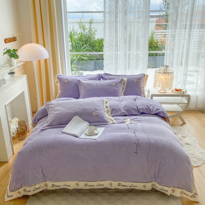 91家纺网 家纺一手货源 找家纺 可以家居 2023新款全消光云绒雅思绒牛奶绒刺绣四件套-漫妮 漫妮-紫