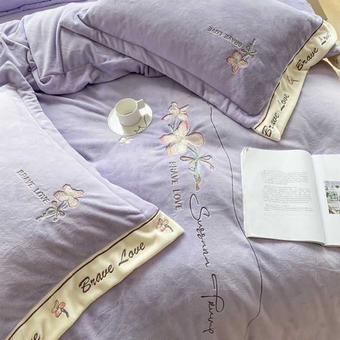 91家纺网 家纺一手货源 找家纺 可以家居 2023新款全消光云绒雅思绒牛奶绒刺绣四件套-漫妮 漫妮-紫