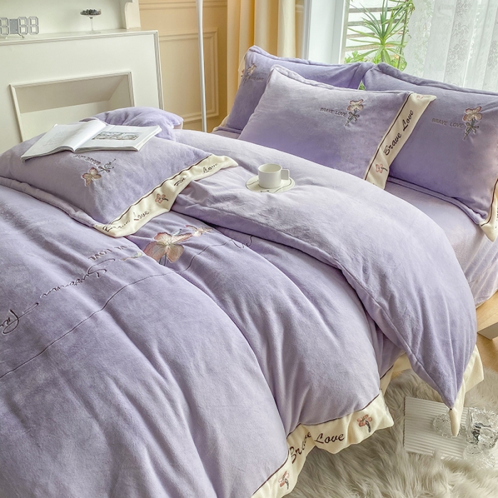 91家纺网 家纺一手货源 找家纺 可以家居 2023新款全消光云绒雅思绒牛奶绒刺绣四件套-漫妮 漫妮-紫