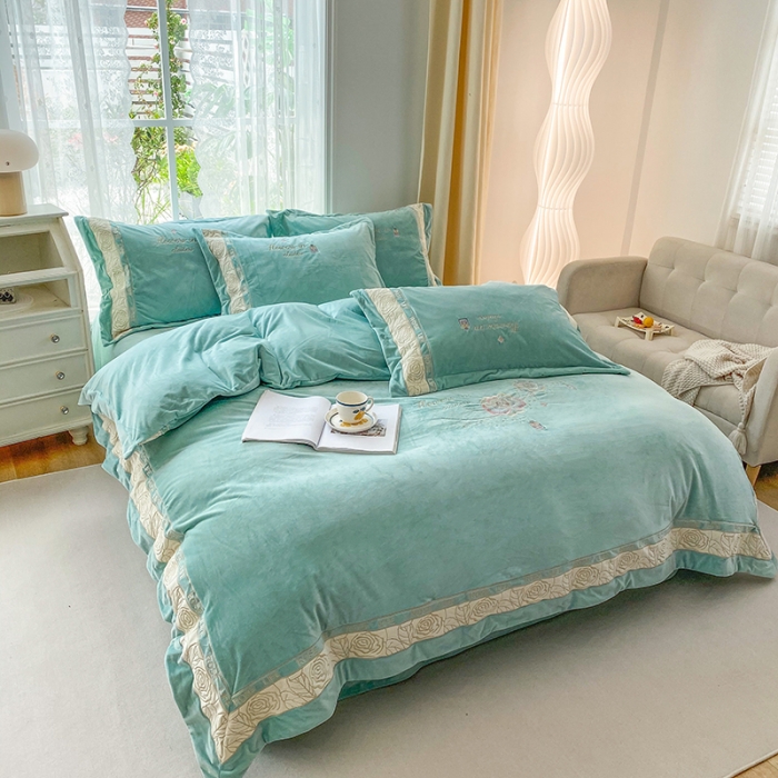 91家纺网 家纺一手货源 找家纺 可以家居 2023新款全消光婴儿绒牛奶绒刺绣四件套-恋语 恋语-绿