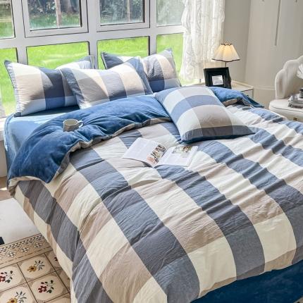 91家纺网 家纺一手货源 找家纺 柠萌 2023新款全棉色织水洗棉加牛奶绒单品被套全棉拼牛奶绒被套 棉+绒-蓝调格