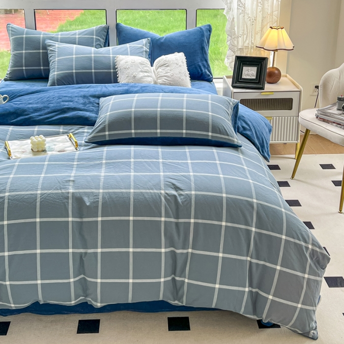 91家纺网 家纺一手货源 找家纺 柠萌 2023新款全棉色织水洗棉加牛奶绒单品被套全棉拼牛奶绒被套 棉+绒-海蓝大格