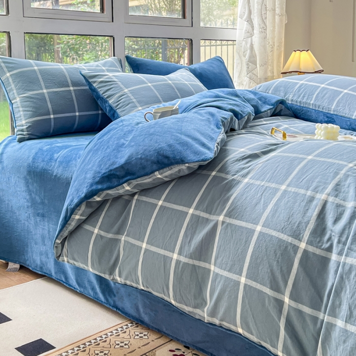 91家纺网 家纺一手货源 找家纺 柠萌 2023新款全棉色织水洗棉加牛奶绒单品被套全棉拼牛奶绒被套 棉+绒-海蓝大格