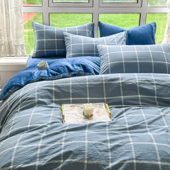 91家纺网 家纺一手货源 找家纺 柠萌 2023新款全棉色织水洗棉加牛奶绒单品被套全棉拼牛奶绒被套 棉+绒-海蓝大格