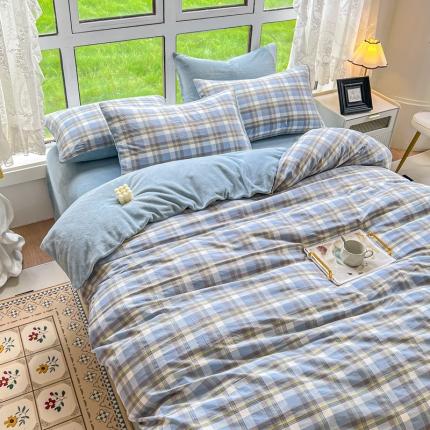 柠萌 2023新款全棉色织水洗棉加牛奶绒单品被套全棉拼牛奶绒被套 棉+绒-简兮蓝