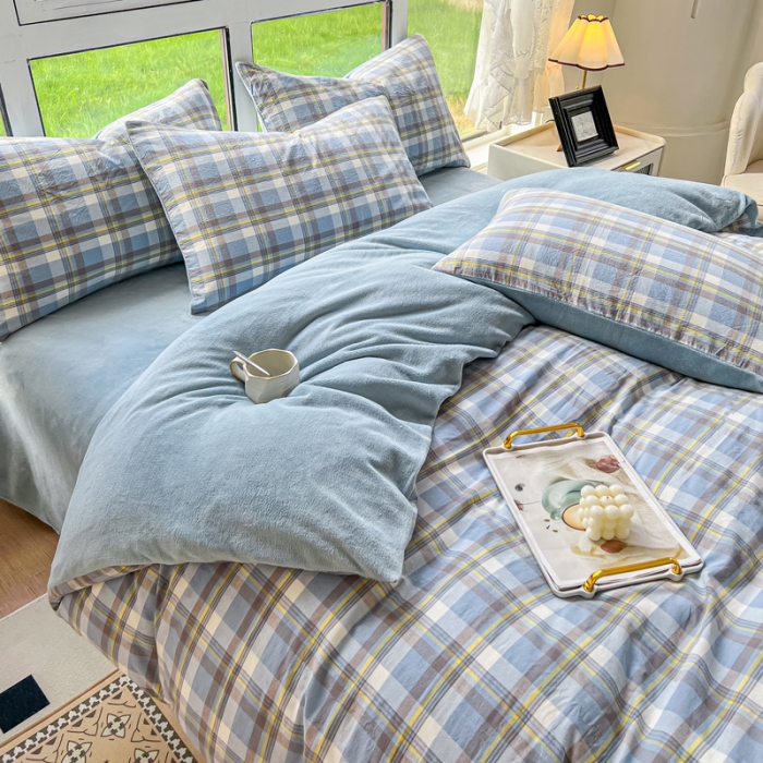 91家纺网 家纺一手货源 找家纺 柠萌 2023新款全棉色织水洗棉加牛奶绒单品被套全棉拼牛奶绒被套 棉+绒-简兮蓝