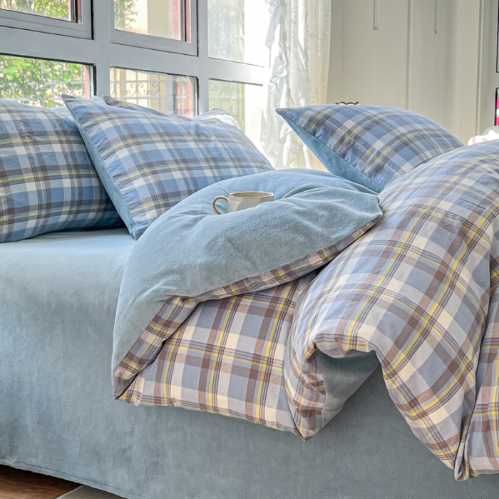 91家纺网 家纺一手货源 找家纺 柠萌 2023新款全棉色织水洗棉加牛奶绒单品被套全棉拼牛奶绒被套 棉+绒-简兮蓝