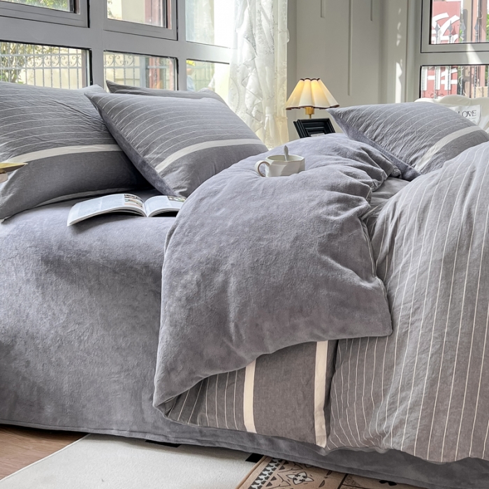91家纺网 家纺一手货源 找家纺 柠萌 2023新款全棉色织水洗棉加牛奶绒单品被套全棉拼牛奶绒被套 棉+绒-宽双线冷灰