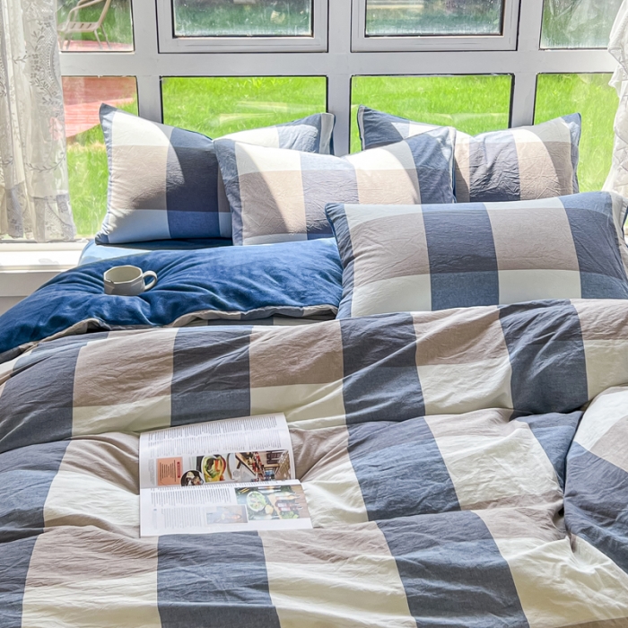 91家纺网 家纺一手货源 找家纺 柠萌 2023新款全棉色织水洗棉加牛奶绒单品被套全棉拼牛奶绒被套 棉+绒-蓝调格