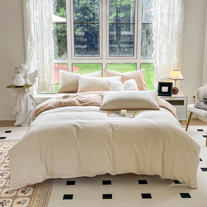 91家纺网 家纺一手货源 找家纺 柠萌 2023新款全棉色织水洗棉加牛奶绒单品被套全棉拼牛奶绒被套 棉+绒-米极细条