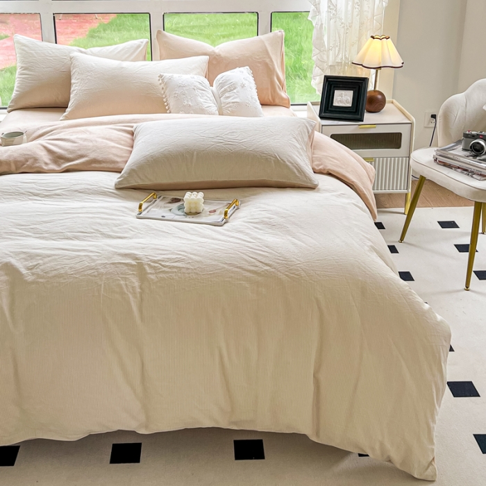 91家纺网 家纺一手货源 找家纺 柠萌 2023新款全棉色织水洗棉加牛奶绒单品被套全棉拼牛奶绒被套 棉+绒-米极细条