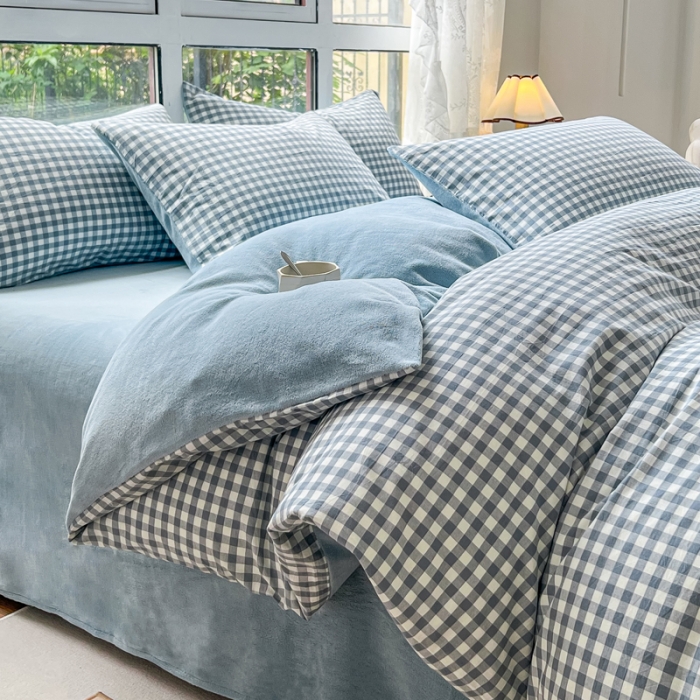 91家纺网 家纺一手货源 找家纺 柠萌 2023新款全棉色织水洗棉加牛奶绒单品被套全棉拼牛奶绒被套 棉+绒-浅蓝小格