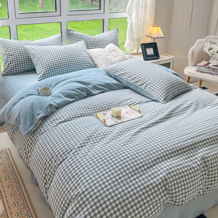 91家纺网 家纺一手货源 找家纺 柠萌 2023新款全棉色织水洗棉加牛奶绒单品被套全棉拼牛奶绒被套 棉+绒-浅蓝小格