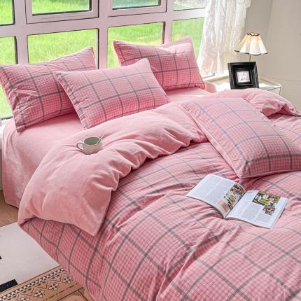 柠萌 2023新款全棉色织水洗棉加牛奶绒单品被套全棉拼牛奶绒被套 棉+绒-瓦尔粉