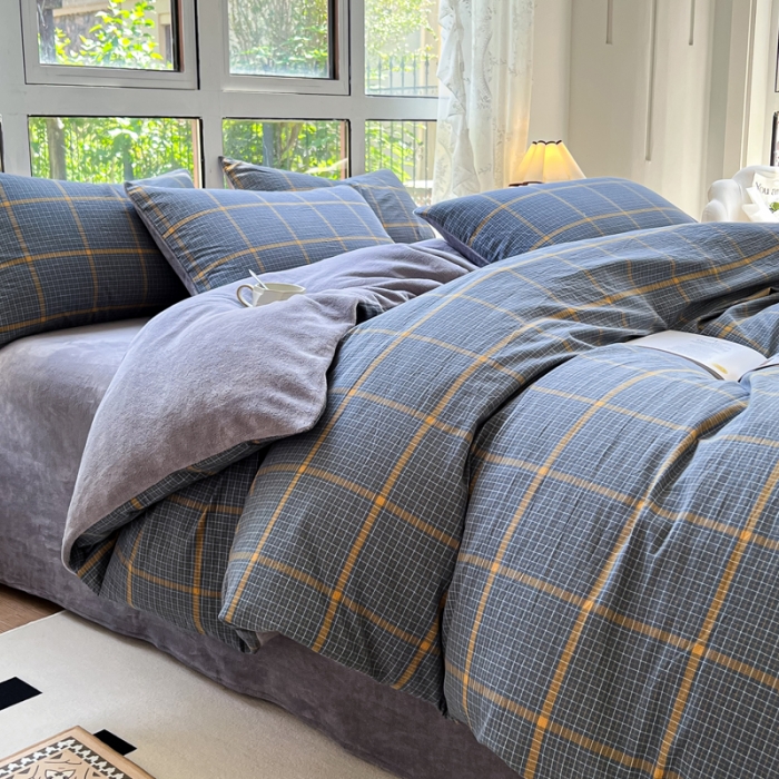 91家纺网 家纺一手货源 找家纺 柠萌 2023新款全棉色织水洗棉加牛奶绒单品被套全棉拼牛奶绒被套 棉+绒-瓦尔灰