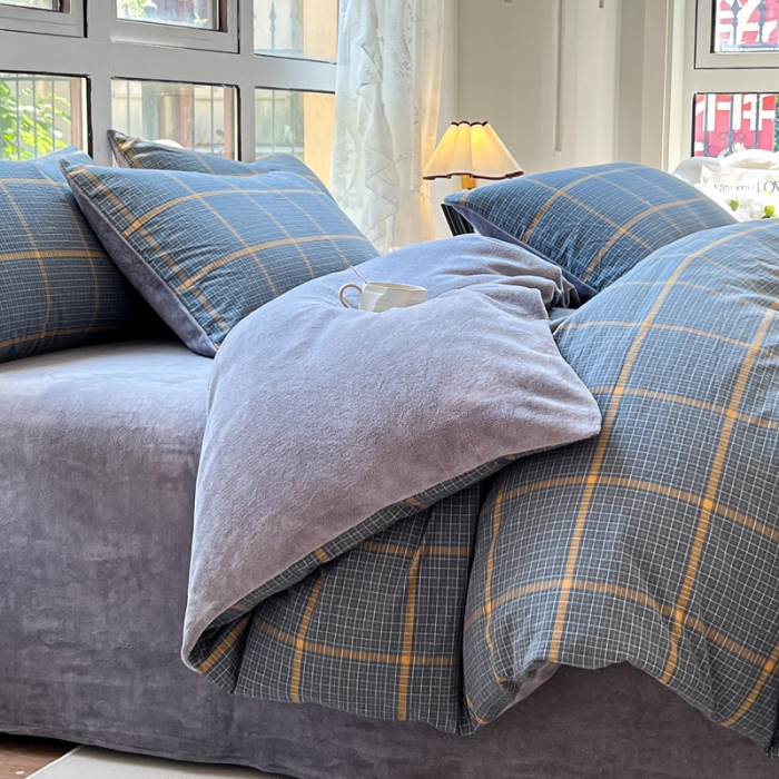 91家纺网 家纺一手货源 找家纺 柠萌 2023新款全棉色织水洗棉加牛奶绒单品被套全棉拼牛奶绒被套 棉+绒-瓦尔灰