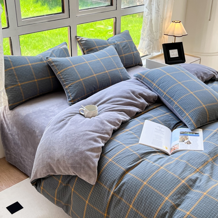 91家纺网 家纺一手货源 找家纺 柠萌 2023新款全棉色织水洗棉加牛奶绒单品被套全棉拼牛奶绒被套 棉+绒-瓦尔灰