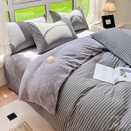 柠萌 2023新款全棉色织水洗棉加牛奶绒单品被套全棉拼牛奶绒被套 棉+绒-中条纹深灰