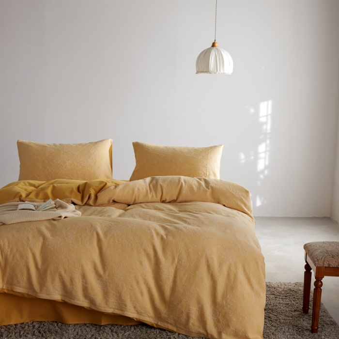 91家纺网 家纺一手货源 找家纺 安莱生活 2023新款A类双层纱全棉锦弈系列四件套 锦弈-姜黄