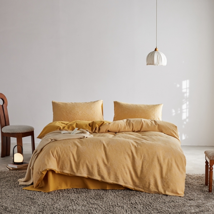 91家纺网 家纺一手货源 找家纺 安莱生活 2023新款A类双层纱全棉锦弈系列四件套 锦弈-姜黄