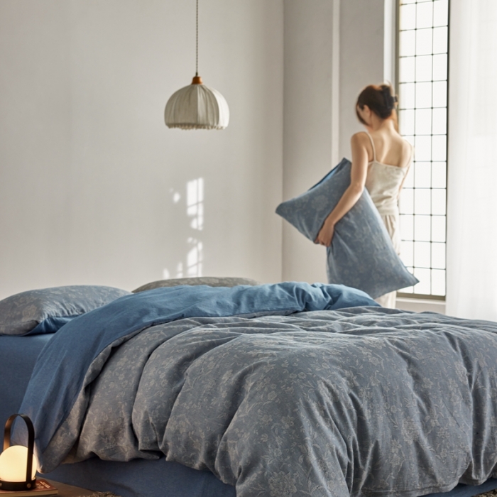 91家纺网 家纺一手货源 找家纺 安莱生活 2023新款A类双层纱全棉锦弈系列四件套 锦弈-深蓝