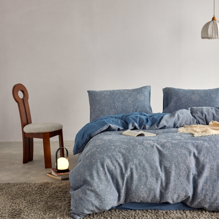 91家纺网 家纺一手货源 找家纺 安莱生活 2023新款A类双层纱全棉锦弈系列四件套 锦弈-深蓝