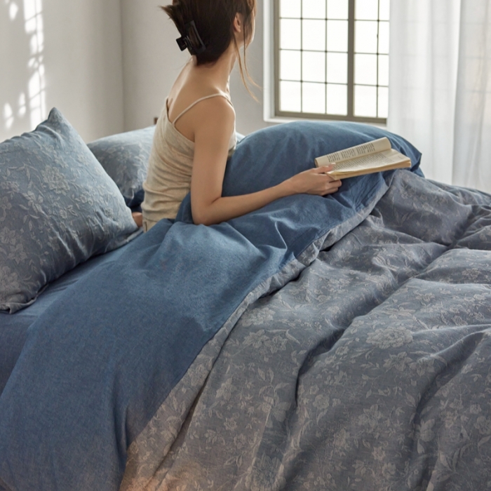 91家纺网 家纺一手货源 找家纺 安莱生活 2023新款A类双层纱全棉锦弈系列四件套 锦弈-深蓝
