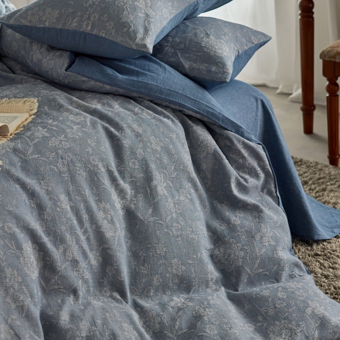 91家纺网 家纺一手货源 找家纺 安莱生活 2023新款A类双层纱全棉锦弈系列四件套 锦弈-深蓝