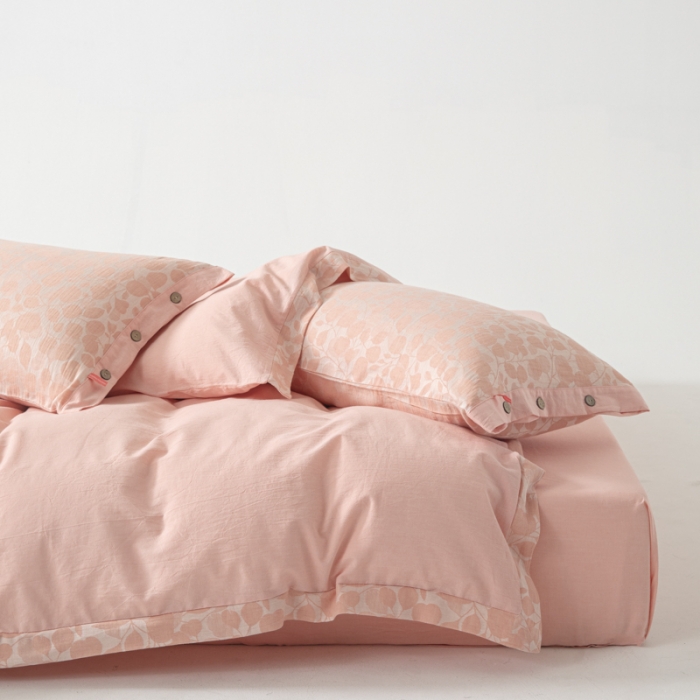 91家纺网 家纺一手货源 找家纺 安莱生活 2023新款A类简约棉麻树叶拼边四件套 棉麻拼边纽扣款-纯粉